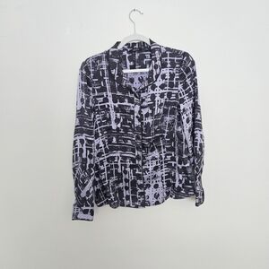 Carlisle Purple and Navy Graphic Button Down 100% Silk Shirt Designer Size 10